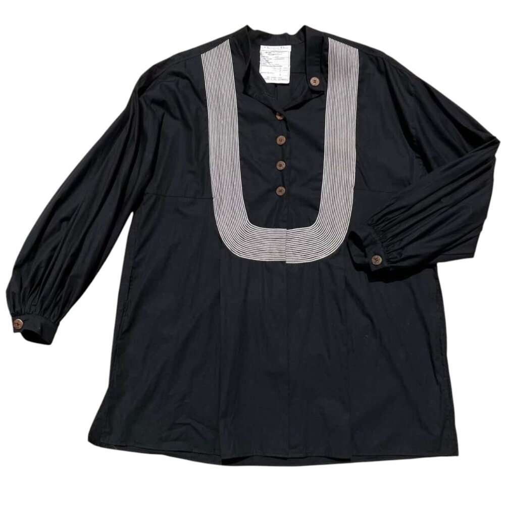 Vintage 80s Christian Dior Boutique Black Long Sleeve Button Tunic Shirt Size 40